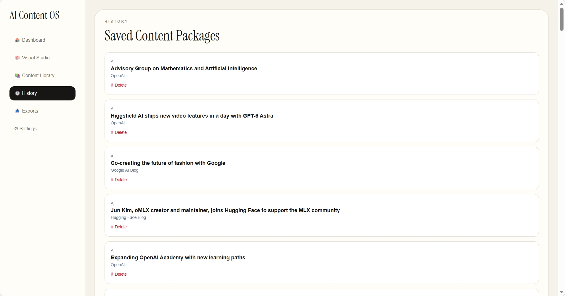 AI Content OS saved content packages and history